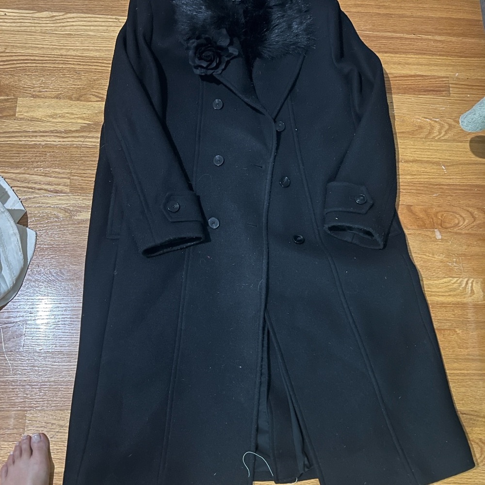 Express Black Pea Coat with Fur Collar